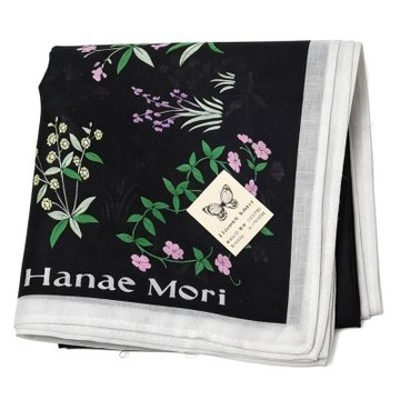 Hanae Mori 日本製100%棉黑底彩色藤蔓圖騰字母LOGO帕巾(44CM)