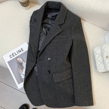 灰色內里夾棉毛呢西裝外套女2025秋冬季新款設計感高端氣質小個子