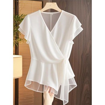 V領襯衫2025夏裝新款女裝時尚氣質收腰拼接短袖系帶短款顯瘦襯衣