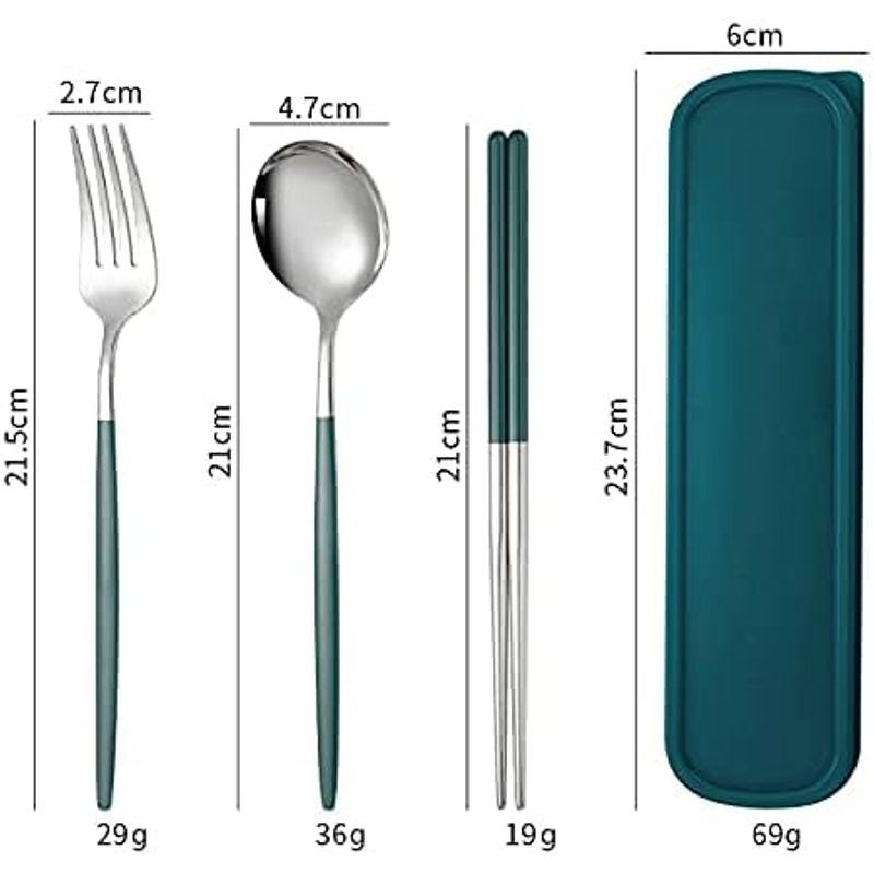 Aduson カトラリーセット ステンレス鋼 箸 フォーク スプーン 3点セット 軽量携帯 大人 子供用 ケース付き シルバー グリーン