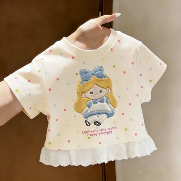 mori🎀mori夏季卡通可愛女孩兒童寶寶公主蕾絲花邊波點印花短袖T恤上衣