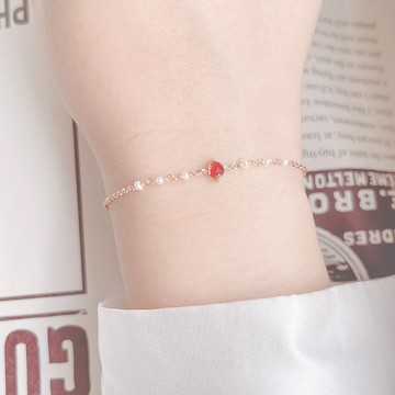 石榴石925純銀鍍玫瑰金簡約爪鑲mix珍珠果實手鍊