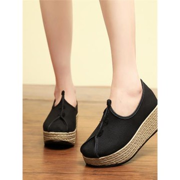 中國風復古個性帆布單鞋女春季新款松糕底圓頭厚底時尚女鞋布鞋