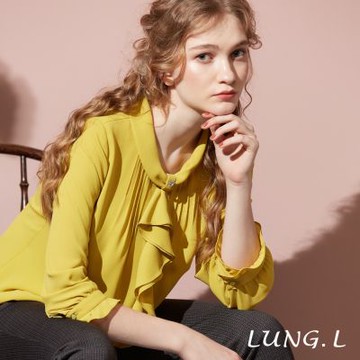 林佳樺LUNG.L 芥末黃造型領前荷葉雪紡七分袖女裝上衣 LT05A