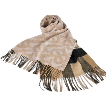 BURBERRY 巴寶莉  經典方格紋 X TB花押字 雙面用100%喀什米爾羊毛圍巾(200X36cm)-典藏米/淺粉