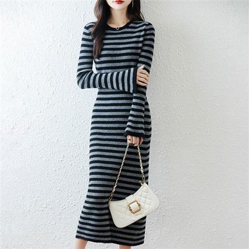 【米蘭精品】現貨+預購 100%羊毛衣針織衫發熱衣長袖保暖內搭加絨寬鬆大碼休閒-圓領條紋女連衣裙3色74nc78