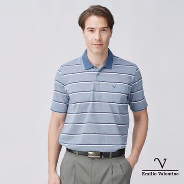 Emilio Valentino范倫鐵諾男裝舒適精梳棉胸袋休閒POLO衫_藍灰白(15-4V8933)