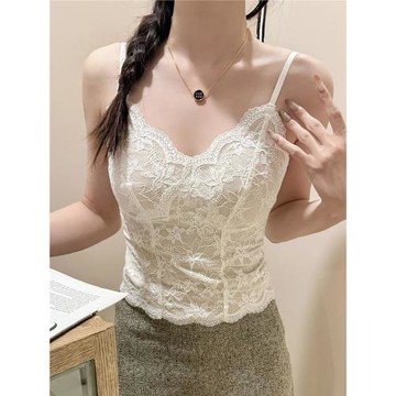 秋冬磨毛保暖純欲法式蕾絲內搭V領帶胸墊吊帶美背心顯瘦打底上衣