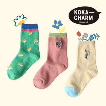 韓國 Kokacharm 甜美花朵刺繡防滑及踝襪3件組