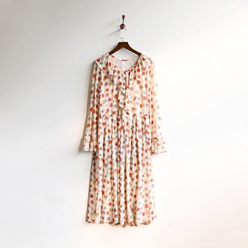 【蛋植物古著】紛飛彩葉荷葉綴飾印花古著洋裝