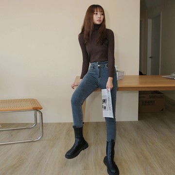 【Our Studio】高腰彈力直筒牛仔褲 煙灰色 煙灰 藍色(現貨)