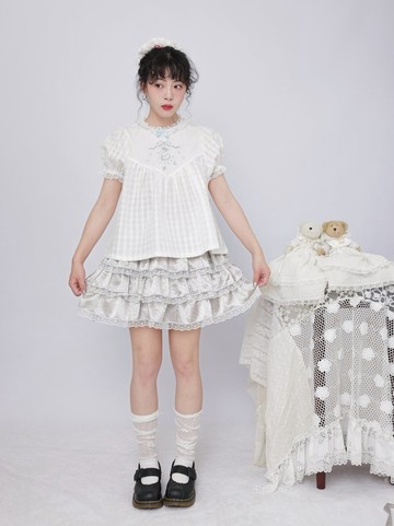 銀灰緞面小波點蛋糕短裙 / 三層蕾絲荷葉邊復古少女蓬蓬半裙