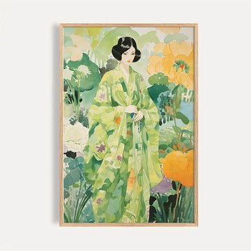 綠裳金花 / 日式現代水彩綠意仕女裝飾畫