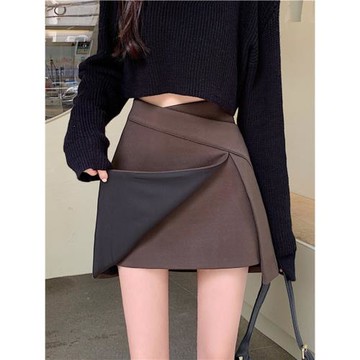毛呢半身裙女秋冬大碼胖mm高腰深咖色遮肚短裙加厚不規則a字裙子