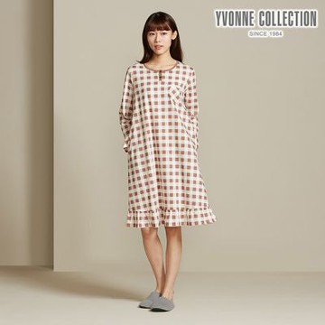 YVONNE 以旺傢飾 格紋印花長袖洋裝-可可棕