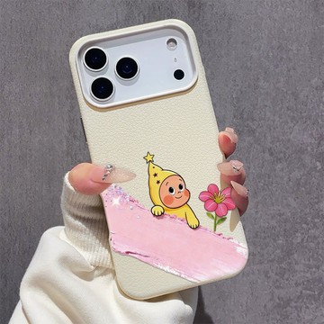 花朵星星人 iPhone17手機殼 蘋果16plus大孔皮紋 15pro軟殼 14 13 12 11 日常防撞防摔手機殼