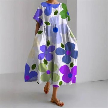 2025亞馬遜跨境夏季新款歐美女裝寬松圓領時尚高級短袖印花連衣裙