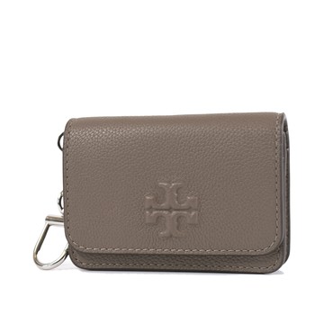 TORY BURCH THEA 浮雕LOGO荔枝紋釦式卡包/零錢包-可可色