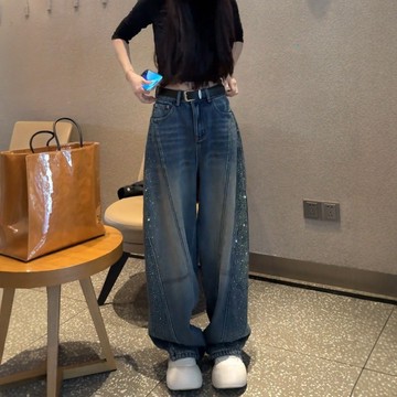 S-3XL 滿天星燙鑽彎刀牛仔褲女 復古藍闊腿褲 胖MM直筒褲 修飾腿型 梨形身材牛仔褲 拖地褲 牛仔長褲 顯高闊腿褲