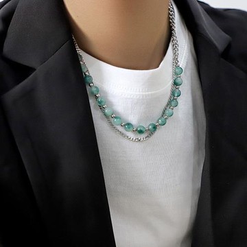 新中式國風綠色玉石串珠混搭拼接鏈項鏈男 女 中性復古國潮鎖骨鏈