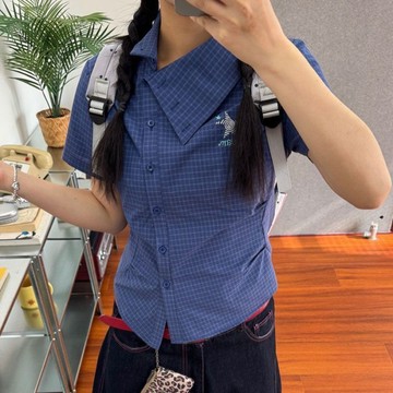夏季爆款復古日系設計感y2k斜領正肩短收腰格紋短袖襯衫女文藝復古短袖襯衫女 6Y