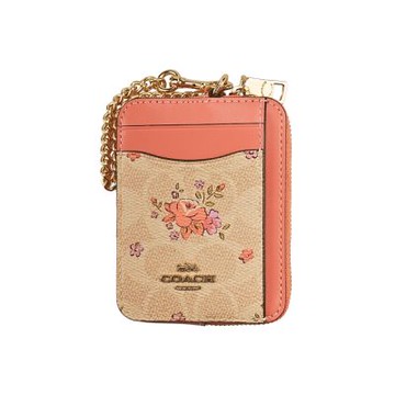 COACH玫瑰印花沙色C LOGO PVC珊瑚橘皮革鏈帶方型卡夾零錢包