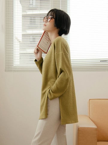 質感純色坑條紋側開衩長版上衣