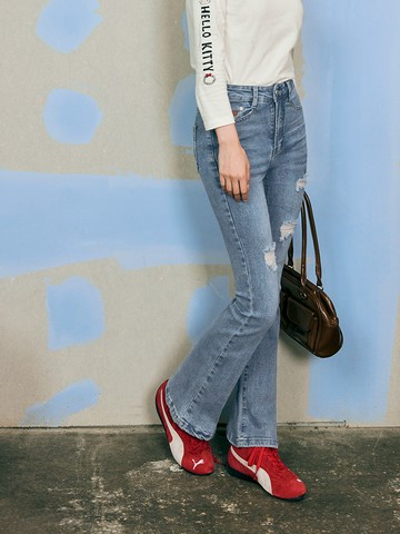 女神褲．水洗刷破修身喇叭牛仔顯瘦褲