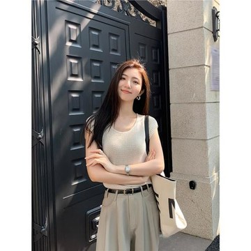 MULVAN 天爽亞麻u領針織衫女短袖2025夏季薄款慵懶風寬松顯瘦上衣