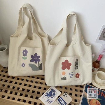 日系原創插畫設計托特插畫帆布手提袋簡約百搭文藝大容量單肩女包