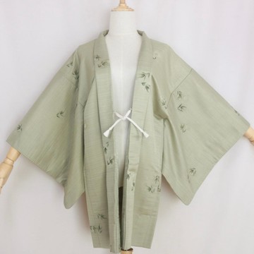 鼠尾草綠復古羽織, 和服外套, 葉刺繡短袍