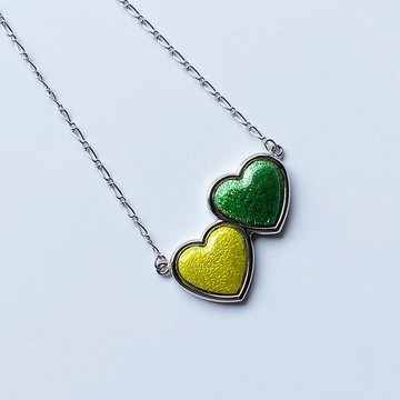 Twin Heart [Green & Yellow] 景泰藍吊墜，純銀景泰藍