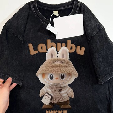 好喜歡這件~labubu 純棉 t恤 美式復古上衣 oversize t恤 做舊水洗 拉布布 古著 水洗上衣 寬鬆上衣女
