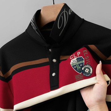 【新款熱賣】銅氨絲珠地面料色織條商務休閑簡約POLO衫男士翻領長袖男