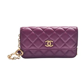 CHANEL 經典雙C LOGO菱格紋小羊皮珍珠寶石金鏈肩背/斜背包(紫色)