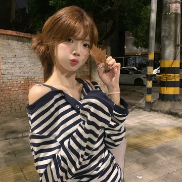 【台灣出貨🔥】 CUCU原版材質 韓系條紋假兩件一字肩長袖t恤女秋季慵懶甜辣妹上衣