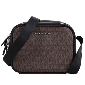 【福利品】MICHAEL KORS COOPER 經典MK滿版印花迷你斜背包.深咖
