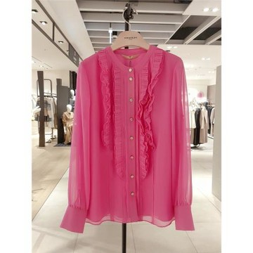 高端2026春季新時尚百搭長袖打底上衣單排扣木耳邊百褶雪紡襯衫女