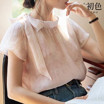 初色 法式立領綁帶短袖輕薄透氣寬鬆襯衫T恤上衣女上衣-共2色-12878(M-2XL可選)