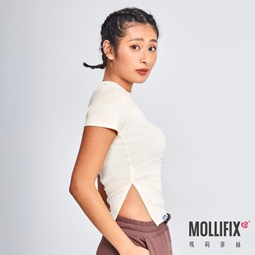 Mollifix 瑪莉菲絲 側抽皺短袖訓練上衣、瑜珈服 (燕麥白)