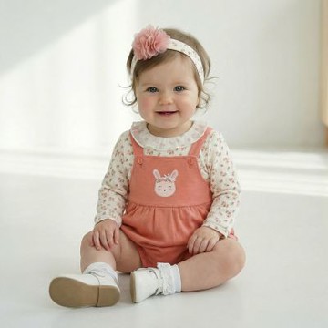 PIPPY 甜美印花荷葉領兩件式可愛小兔吊帶褲3入組禮盒 粉橙