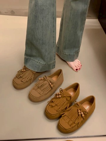 秋季新款磨砂復古流蘇豆豆鞋