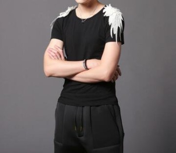 FINDSENSE MD 韓國 潮 男 街頭 夜店 髮型師 暗黑 修身 純色羽毛裝飾 短T上衣 特色短T 短袖T恤