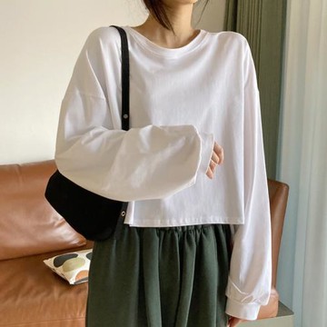 短款打底衫2022秋新款韓版少女減齡燈籠袖寬松長袖T恤棉質上衣