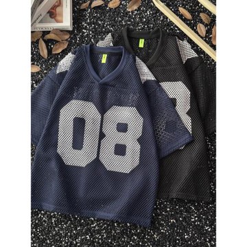 鏤空網眼V領短袖t恤男女夏季冰絲運動球衣美式街頭嘻哈情侶款上衣