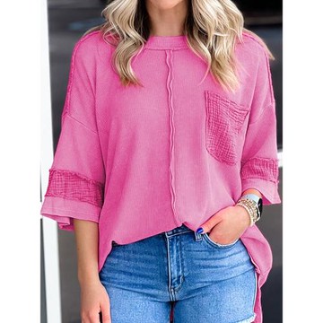 歐美范七分袖圓領T恤女2026夏季新款華夫格透氣百搭半袖套頭上衣