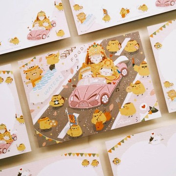 【24H快速出貨】粉紅超跑GO 布丁小雞手繪明信片23 (可加購信封)