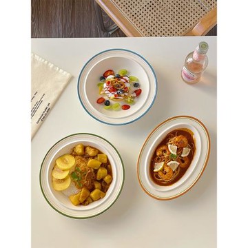 穆尼韓式ins同款線圈湯盤復古橢圓魚盤沙拉意面盤家用陶瓷餐具