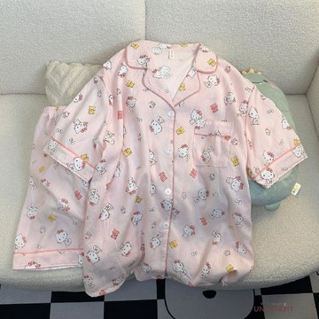 夏天新款凱蒂貓雲朵棉紗感睡衣女短袖短褲套裝超可愛家居服可外穿卡通睡衣兩件式睡衣寬鬆睡衣居家服睡衣