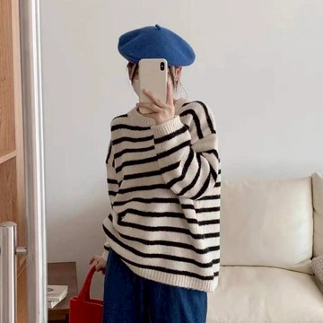 親膚條紋毛衣 寬鬆針織上衣 針織上衣 條紋針織衫 長袖毛衣 圓領毛衣 毛衣 針織衫 毛線衣